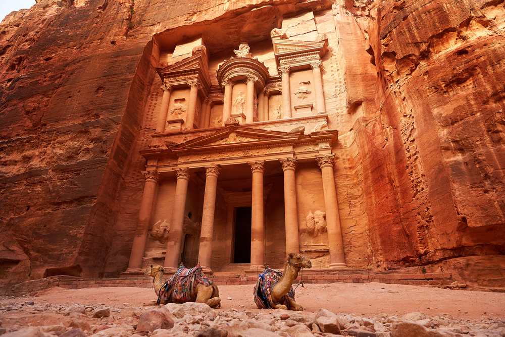 Angled view of Al Khazneh, the treasury, with two camels resting in front as sunlight shines into the canyon during the best time to visit Petra, Jordan