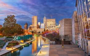 Riverwalk seen at twilight during the overall best time to visit Indiana