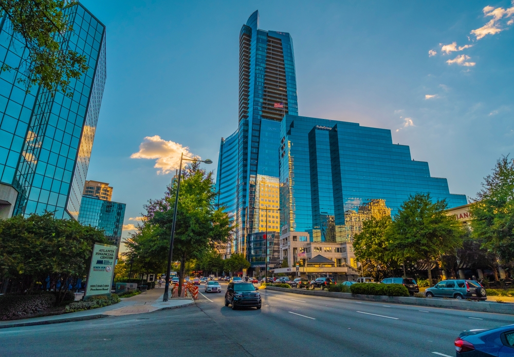 Glass skyscraper towering over downtown Atlanta pictured during the winter, the worst time to visit Georgia