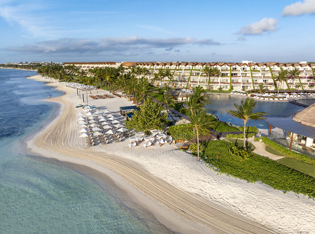 Aerial image of the beach and pool at Grand Velas Riviera Maya, one of the best luxury resorts in the Cancun area