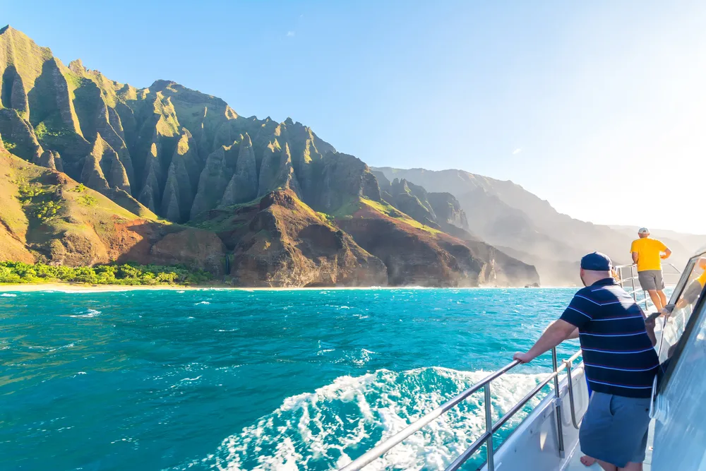 People on a catamaran on the Na Pali Coast